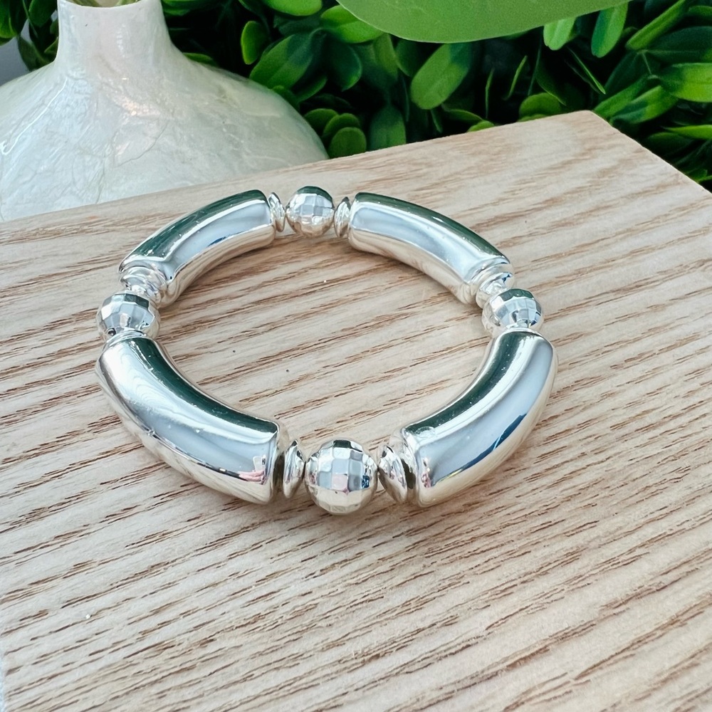 New Silver Tone Disco Ball Beaded Bracelet | Lightweight | Stretchy | Chunky